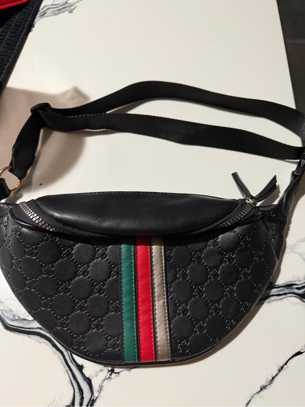 Black Leather Crossbody Belt Bag with Green-Red-Tan Stripe